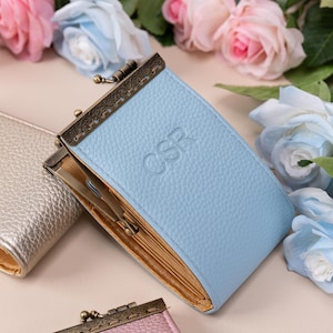 Personalized Card Wallet-Kiss Lock Card Pouch-Clasp Wallet-Travel Leather Wallet-Bridesmaid Gifts-Gift for Her-15 Colors