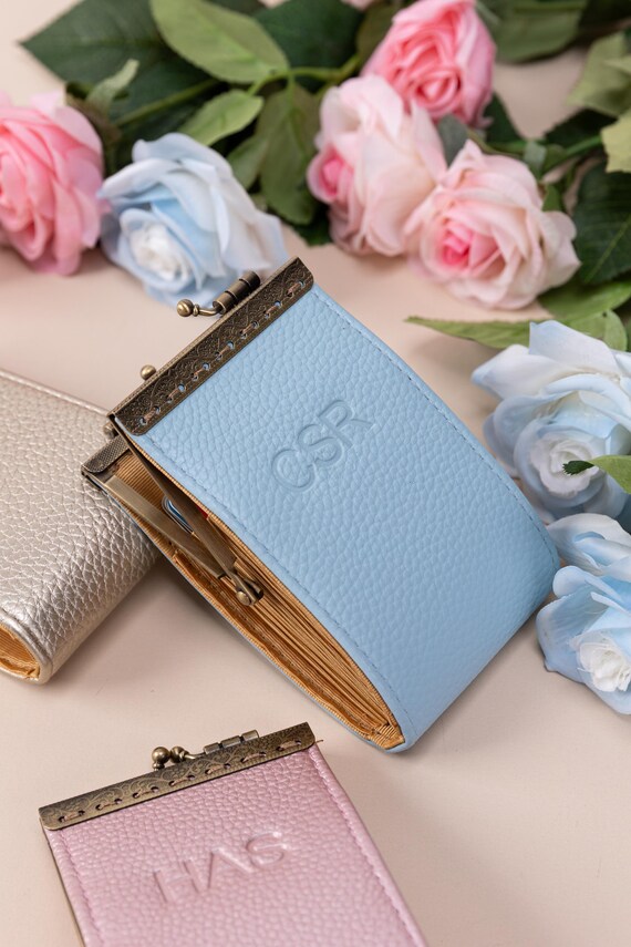 Personalized Card Wallet-Kiss Lock Card Pouch-Clasp Wallet-Travel Leather Wallet-Bridesmaid Gifts-Gift for Her-15 Colors