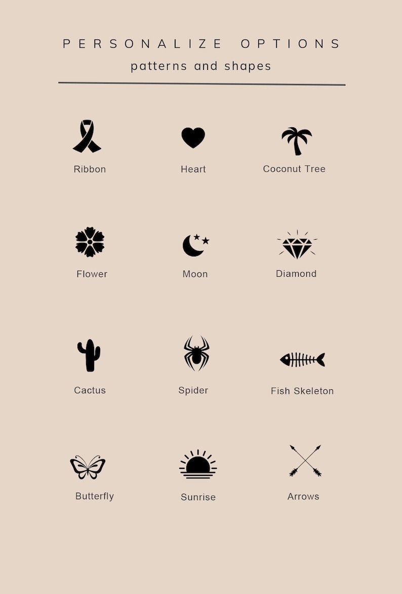 K&ouml;nnte beinhalten: Ein Diagramm mit 12 schwarz-wei&szlig;en Symbolen, die verschiedene Muster und Formen darstellen. Die Symbole umfassen ein Band, ein Herz, eine Kokospalme, eine Blume, einen Mond, einen Diamanten, einen Kaktus, eine Spinne, ein Fischskelett, einen Schmetterling, einen Sonnenaufgang und Pfeile.