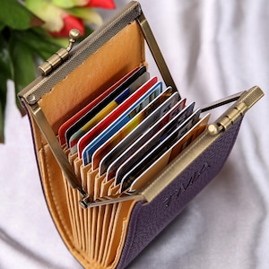 Personalized Card Wallet-Kiss Lock Card Pouch-Clasp Wallet-Travel Leather Wallet-Bridesmaid Gifts-Gift for Her-15 Colors with cards