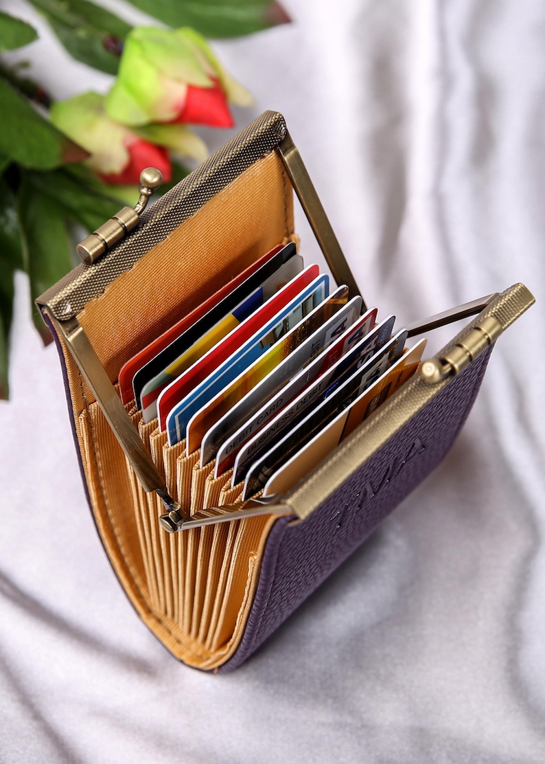 Personalized Card Wallet-Kiss Lock Card Pouch-Clasp Wallet-Travel Leather Wallet-Bridesmaid Gifts-Gift for Her-15 Colors with cards