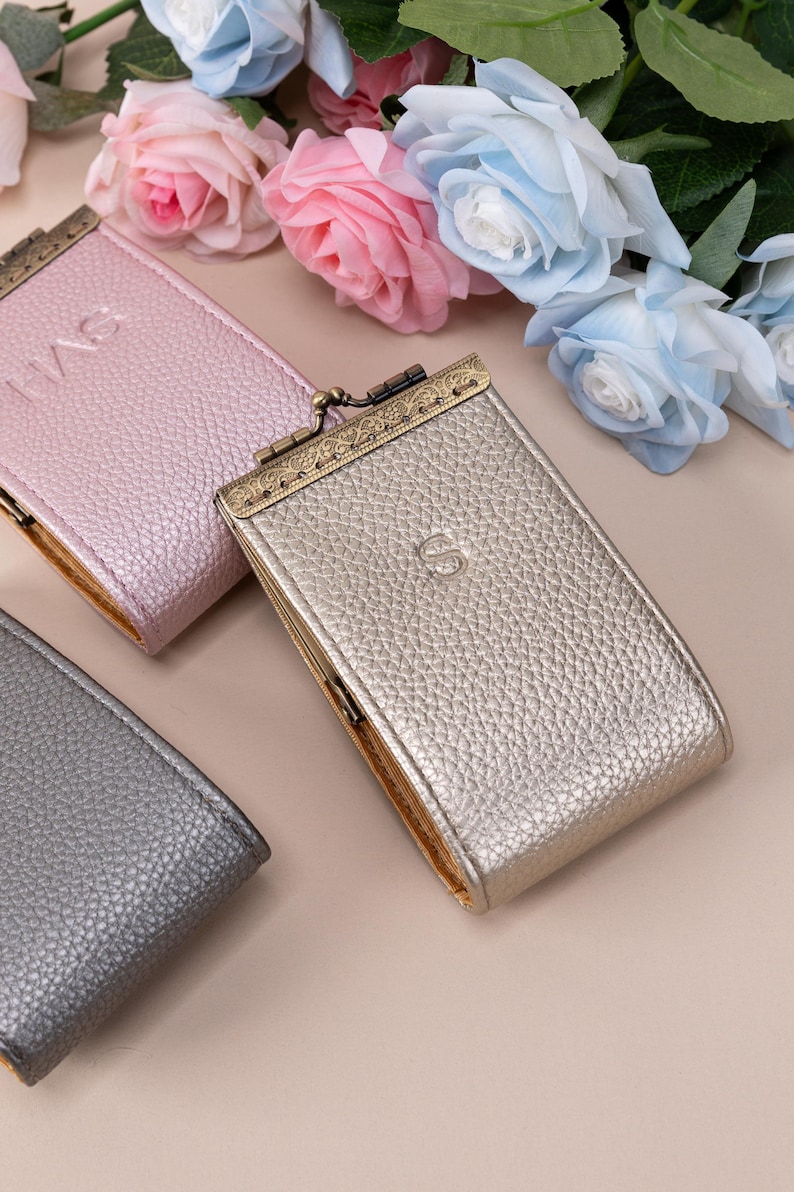 Personalized Card Wallet-Kiss Lock Card Pouch-Clasp Wallet-Travel Leather Wallet-Bridesmaid Gifts-Gift for Her-15 Colors primary