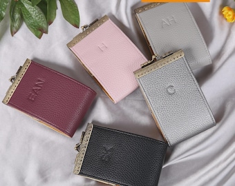 Bundle 6-10 Personalized Card Wallet-Kiss Lock Clasp Wallet-Travel Leather Wallet-Bridesmaid Gifts-Gift for Her-15 Colors