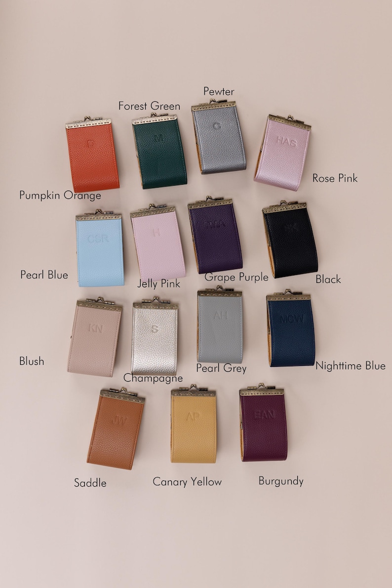 Personalized Card Wallet Kiss Lock Card Pouch Clasp Wallet Travel Leather Wallet Bridesmaid Gifts Gift for Her 15 Colors color chart