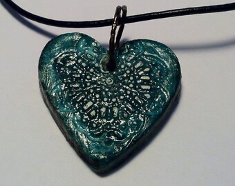 Aromatherapy Essential Oil Diffuser Jewelry Clay Pendant - Teal Heart Steam Punk Rustic Old World Style