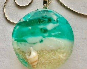 Beach jewelry, ocean waves, resin pendant, beach necklace, beach themed