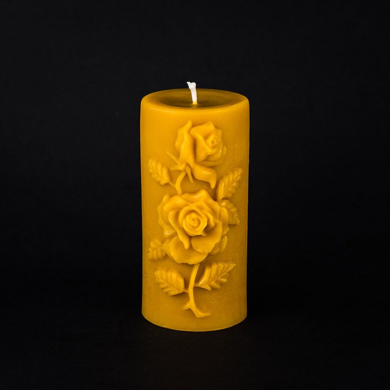 3 in x 6.5 in Pure Beeswax Pillar Candle Medium Rose Design tall