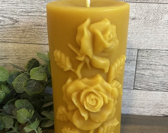 Pure Beeswax Pillar Candle - Rose Design - 3 in. x 6.5 in. tall - Medium