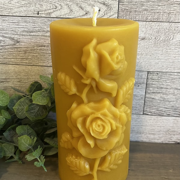 Pure Beeswax Pillar Candle - Rose Design - 3 in. x 6.5 in. tall - Medium