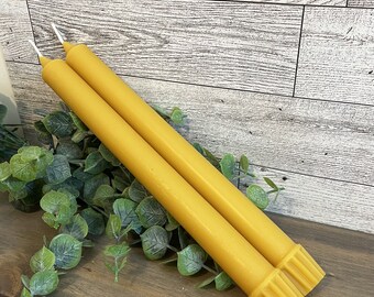 May include: Two yellow beeswax candles with a honeycomb pattern at the bottom. The candles are sitting on a wooden surface with green foliage.