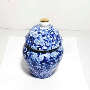 Vintage Chinese Ginger Jar w/Lid | Blue White Floral Porcelain | Chinoiserie MCM Keepsake Box | Temple Jar | Grandmillennial Decor