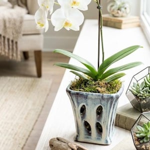 Vintage Square Ceramic Orchid Pot Cream & Blue Drip Glaze with Drainage Holes Vented Stoneware 5” Boho Mid Century Plant Planter