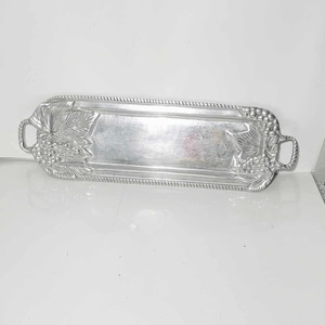 Vintage Aluminum Hammered Silver Metal Ornate Grape Leaf Rectangular Serving Tray w/Handles Platter | Mexico 20” | MCM Decorative Kitchen