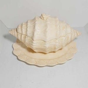 Vintage 13&quot; Ceramic Conch Shell Soup Tureen with Lid and Platter, Coastal Nautical Decor