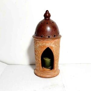 Vintage Terracotta Candle Lantern: Handmade Moroccan Boho Tealight Holder (9.5&quot;)
