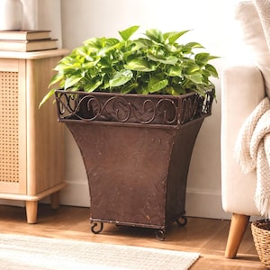 Vintage Rustic Metal Footed Planter Box | Square Cachepot Embossed Floral Grapevine Design | Scrollwork Gallery Rim | Indoor Outdoor Decor