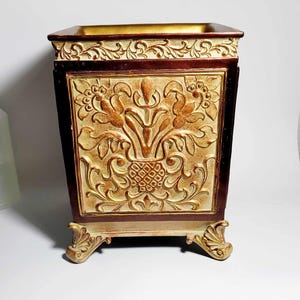 Vintage Handmade Ornate Gold & Brown Cachepot | Floral Planter Cover | Hollywood Regency Style Decorative Plant Pot | Home Décor 10.5"/8"