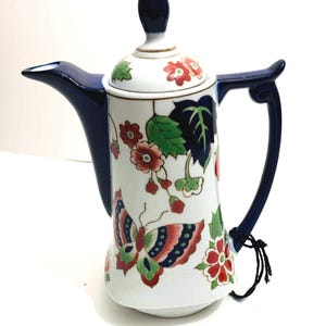 Vintage World Market Ceramic Teapot | Cobalt Blue Red Green Flower Butterfly Design Teaware | Hand Painted Cottagecore Small Kitchen Decor