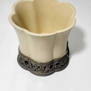 Vintage Crackle Glaze Ceramic Planter: Ornate Metal Base, Cottagecore Decor