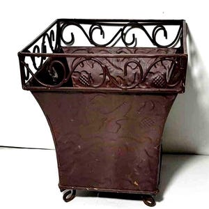 Vintage Square Ornate Jardiniere Metal Footed Planter Pot | Rustic French Style Bucket |  Minimalist Outdoor Home Garden |  Plant Decor 10”