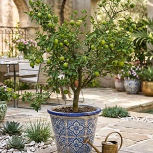 May include: A small lime tree in a blue and white patterned ceramic pot. The tree is laden with green limes and sits on a wooden deck next to a small brass watering can. The background features a patio setting with other plants.