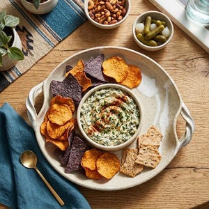May include: A large, off-white ceramic serving platter with handles, filled with a spinach dip, tortilla chips, crackers, and small bowls of nuts and pickles. A gold spoon and blue napkin are on the side. The arrangement is on a wooden table.