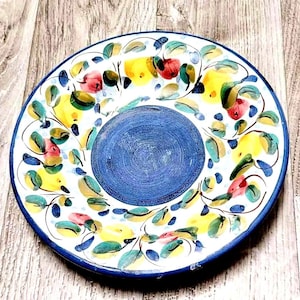 Vintage Rampini Italy Pottery Decorative Round Wall Plate Hand Painted Ceramic Blue Yellow Fruit Art Italian Country Cottage Home Decor