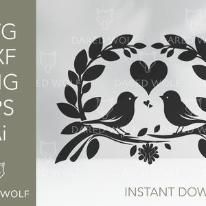 Deux Inséparables Clipart vectoriel | SVG de la Saint-Valentin pour Cricut et Silhouette | Fichier numérique romantique | Oiseaux avec coeur pour découpe de vinyle