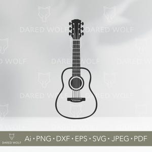 May include: Black and white line art of an acoustic guitar. The guitar has a rounded body, a sound hole, and six strings. The image includes the text "DARED WOLF" and file type abbreviations.