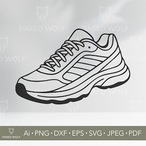 May include: Black and white line art of a running shoe. The shoe features a thick sole, laces, and a striped design on the side. The text "DARED WOLF" is visible in the background, along with file type information.