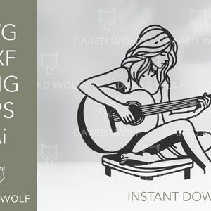 Meisje dat gitaar speelt vectorkunst | Muziek-SVG voor Cricut en Silhouette | Ontspannen digitaal bestand | Gitaristontwerp voor vinyl snijden