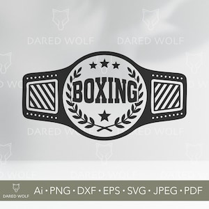 Puede incluir: Diseño de cinturón de campeonato de boxeo en blanco y negro. La palabra "BOXING" está en negrita, rodeada por una corona de laurel. El cinturón tiene dos paneles laterales rectangulares con líneas diagonales y una serie de pequeños puntos.