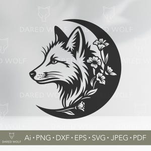Lune renard SVG | Renard mystique et vecteur floral en croissant pour Cricut et Silhouette | Svg animal esprit céleste | Conception de coupe de nuit bohème