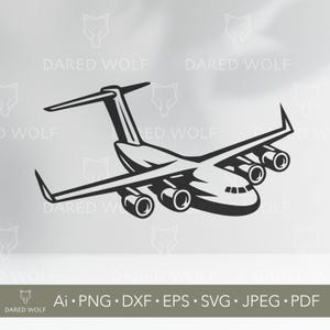 Arte vetorial de avião de carga | SVG de aeronave militar para Cricut e Silhouette | Arquivo digital de transporte a jato | Design de silhueta de avião