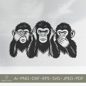 May include: Black and white illustration of three monkeys in the 'See no evil, hear no evil, speak no evil' pose. The monkeys are silhouetted against a light background. The image includes the text 'DARED WOLF' and file type options.