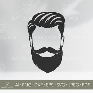 May include: A black and white graphic of a stylized beard and hair. The image features a full beard, mustache, and neatly styled hair. The text "DARED WOLF" and file type formats are at the bottom.