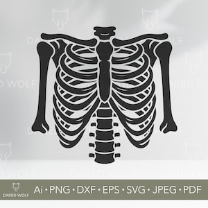 May include: A black and white illustration of a human rib cage and arms. The design is a silhouette, with the bones clearly defined against a white background. The image includes file type information: Ai, PNG, DXF, EPS, SVG, JPEG, and PDF.