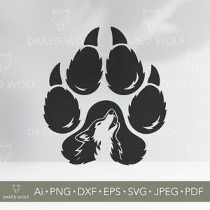 Huella de pata de lobo SVG / Cabeza de lobo tribal vectorial para Cricut y Silhouette / Archivo digital de garra de animal salvaje / Diseño de corte Forest Spirit