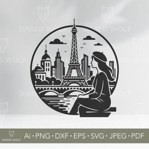 Paris fille d'horizon SVG | Vecteur de paysage urbain de la tour Eiffel pour Cricut et Silhouette | Fichier numérique de femme française pour la découpe laser, travaux manuels en vinyle