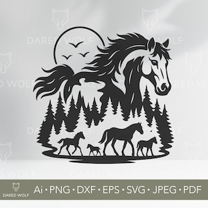 Arte vectorial de escena de bosque de caballos / Caballo salvaje SVG para Cricut y Silhouette / Archivo digital de naturaleza / Diseño de animal rústico para corte de vinilo