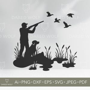 Arte vectorial de escena de caza de patos / Cazador con perro SVG para Cricut y Silhouette / Archivo digital para exteriores / Diseño de aves acuáticas para corte de vinilo