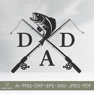 Angeln Papa Vektorgrafik | Papa SVG mit Stangen und Fisch für Cricut und Silhouette | Vatertag Digitale Datei | Fischer Design für Vinyl