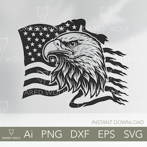 May include: Black and white illustration of an eagle's head with a stylized American flag behind it. The eagle's head is facing the right side of the image. The flag is waving in the wind.