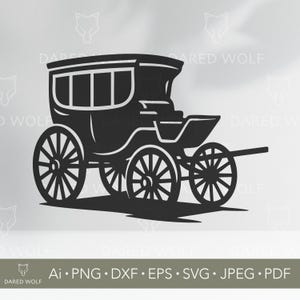 May include: A black silhouette of a horse-drawn carriage. The carriage has a rectangular body with arched roof, windows, and spoked wheels. The image includes the text "DARED WOLF" and file type abbreviations.