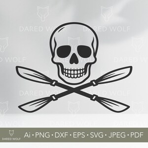May include: Black and white graphic of a skull with crossed oars. The skull has detailed teeth and eye sockets. The oars are positioned beneath the skull. The image includes the text "DARED WOLF" and file type options: Ai, PNG, DXF, EPS, SVG, JPEG, and PDF.