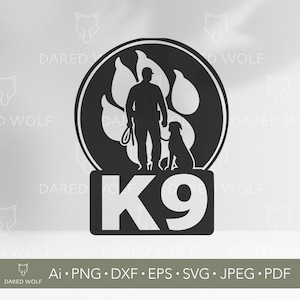 May include: Black and white K9 design featuring a silhouette of a person with a dog, standing in front of a paw print. The word "K9" is displayed below the paw print. The image also includes file type information.