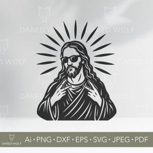 Vecteur de Jésus cool | SVG chrétien drôle pour Cricut et Silhouette | Design religieux signe de la paix | Fichier de coupe Faith hipster pour travaux manuels en vinyle