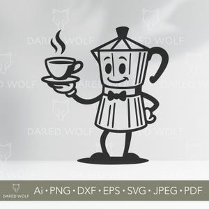 Peut inclure: Illustration en noir et blanc d'un personnage de cafetière souriant, portant un nœud papillon et tenant une tasse de café. Le texte "DARED WOLF" et les options de type de fichier sont inclus.