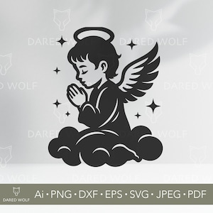 Puede incluir: Ilustración en blanco y negro de un ángel arrodillado en oración sobre una nube, con un halo y alas. La imagen incluye cuatro estrellas y el texto "DARED WOLF" e información sobre el tipo de archivo.