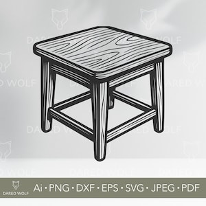 May include: Black and white line art illustration of a small wooden stool. The stool has a square seat with wood grain detail and four sturdy legs connected by horizontal supports. The design is simple and classic.